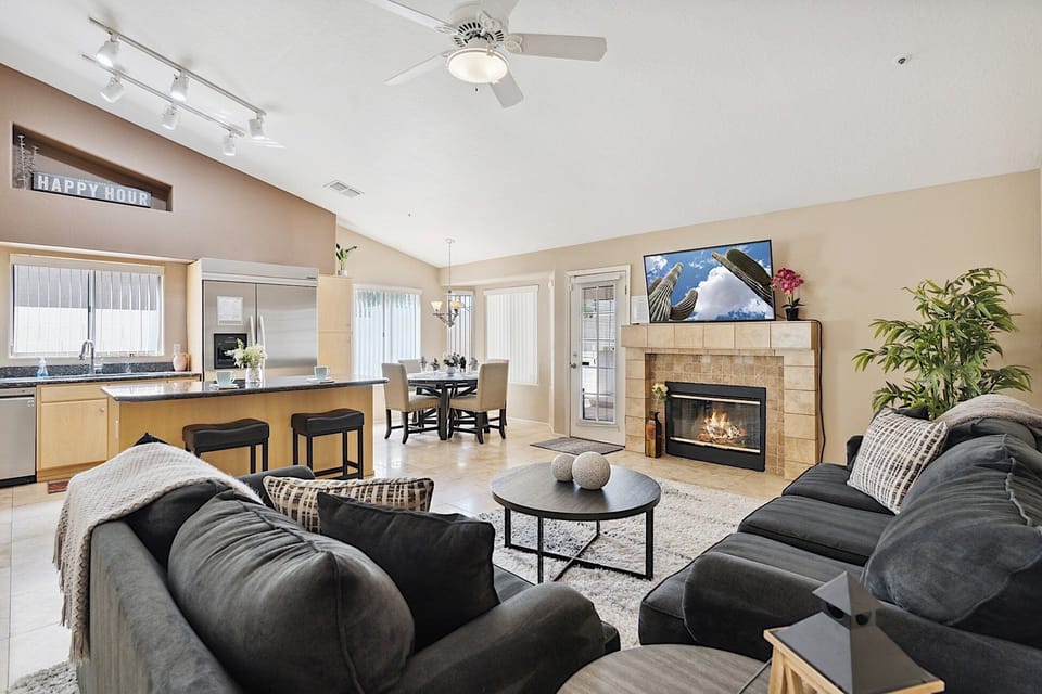 Living room - looking into kitchen and dining area.