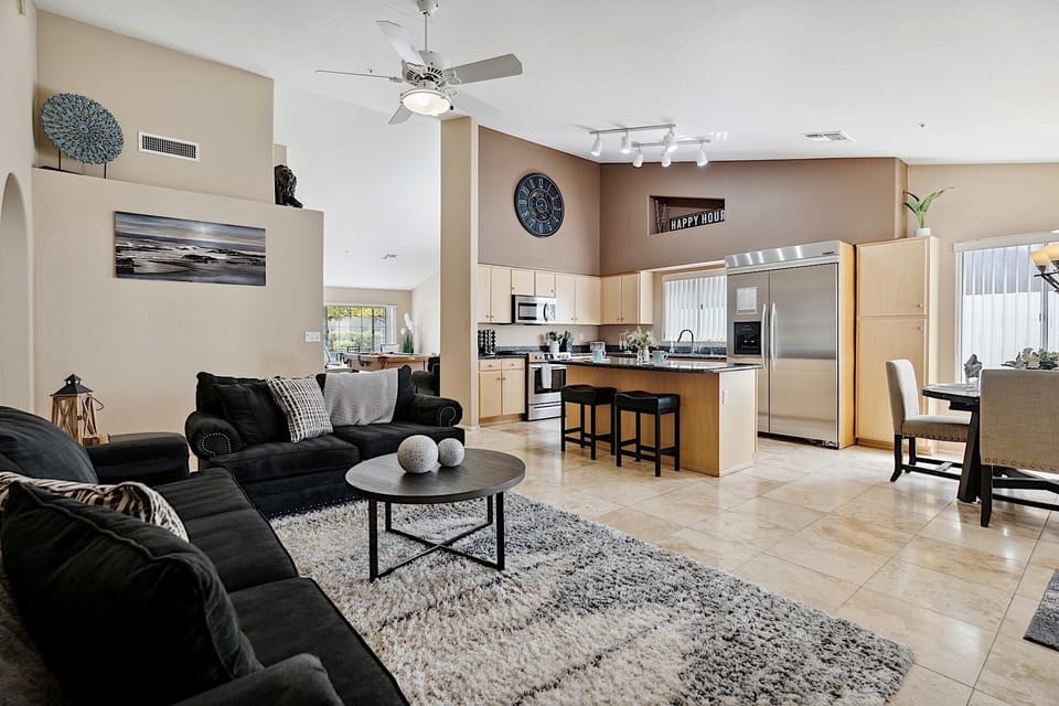 Living room - looking into kitchen and dining area.