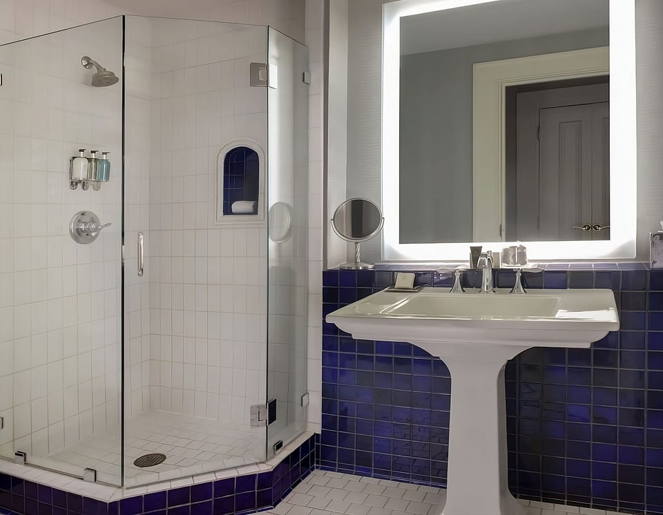Refresh under a spa-bright mirror after a warm shower.