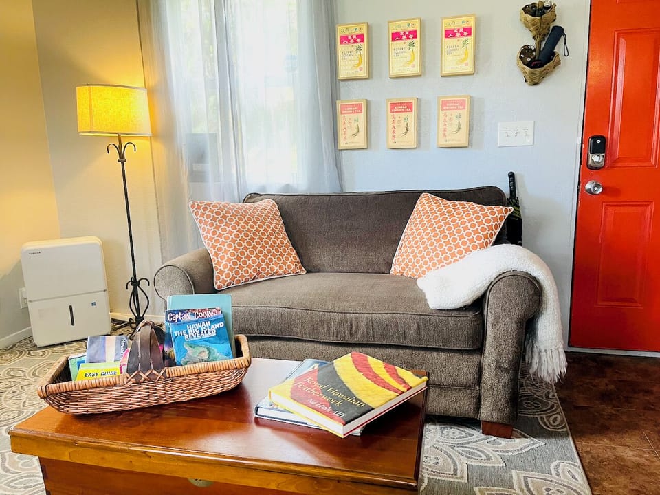 Living room with a comfy loveseat that makes into a twin size bed.