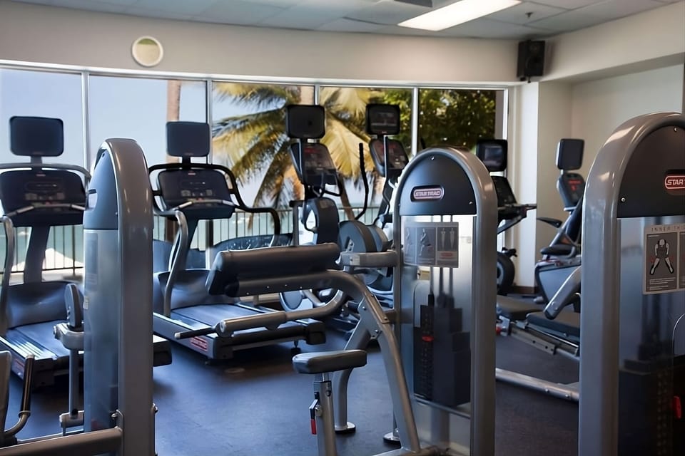 Power through strength training with modern equipment and tropical light.