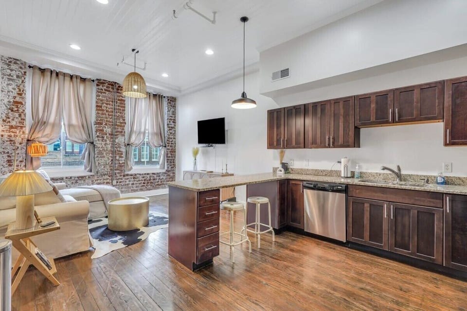 A view of the entire loft kitchen and living!
