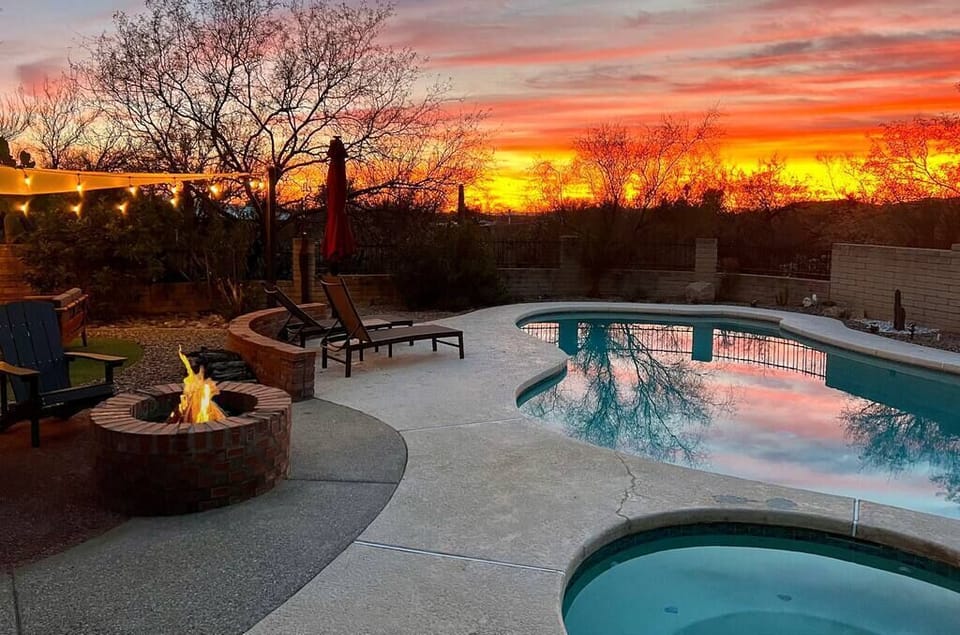 Savoring the serenity of our backyard paradise as the sun bids us farewell
