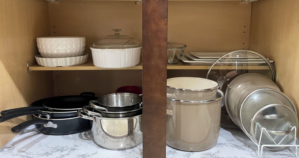 Pots and pans and more bowls and plates.