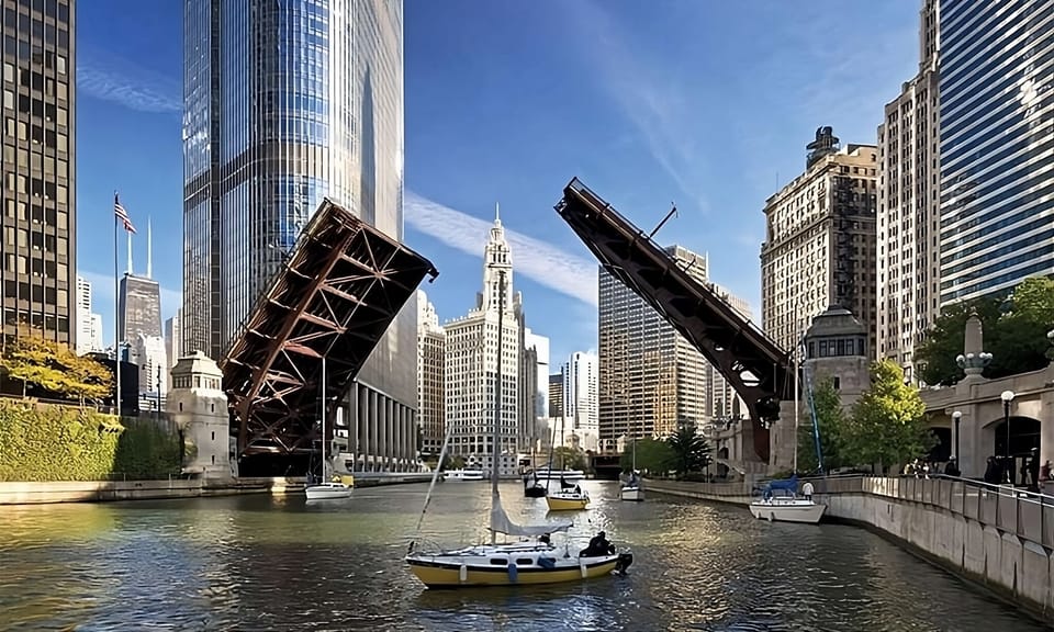 Explore the riverwalk as bridges rise and boats glide.