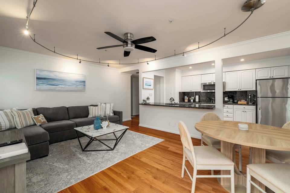 Living room (sofa bed, AC, ceiling fan, TV, dining table)