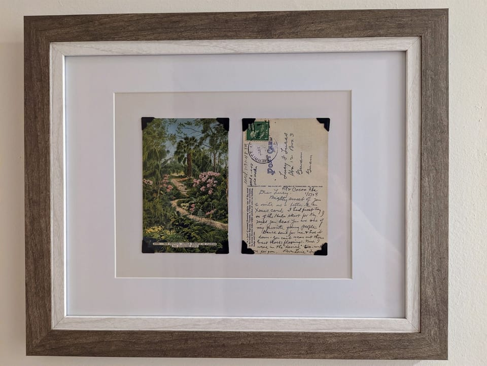 Featuring our vintage postcards from South Florida, and beyond, thru out the apartment. This holiday card was received January 31st, 1948. 1 cent stamp!
