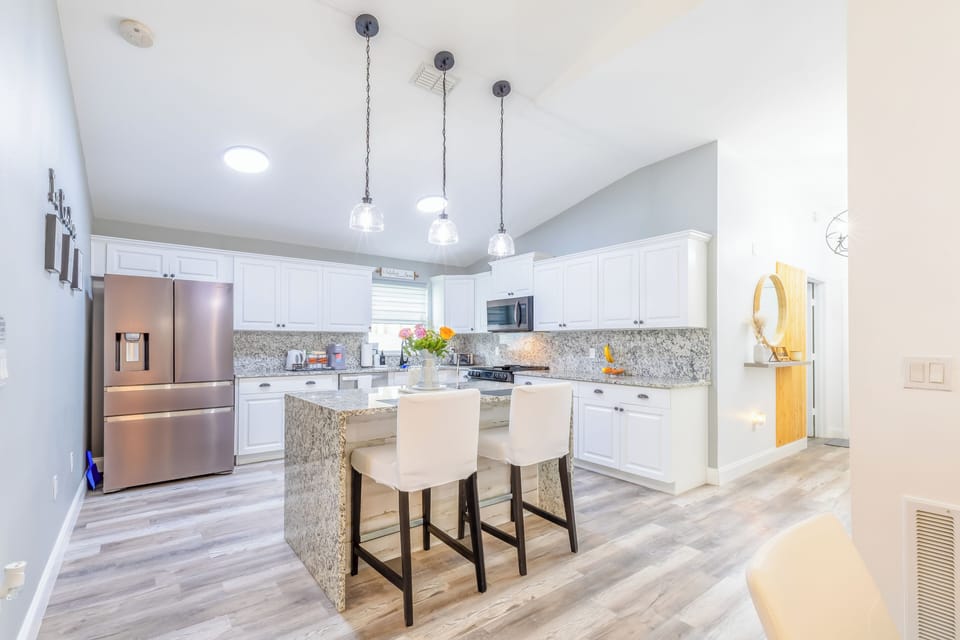Kitchen and island.
