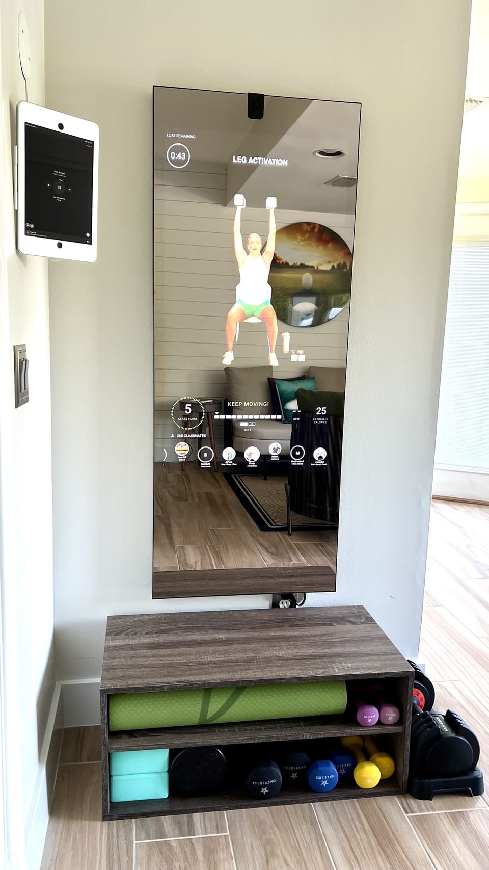 Lululemon Studio Exercise Mirror. Includes Peloton exercises, weights, mat, etc.