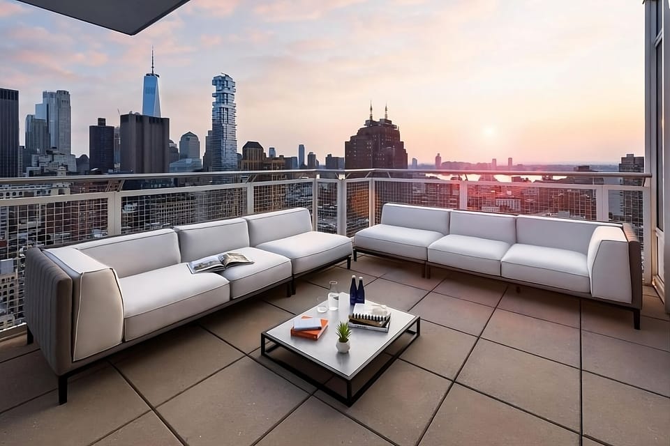 Unwind on the rooftop sofa as the skyline glows.