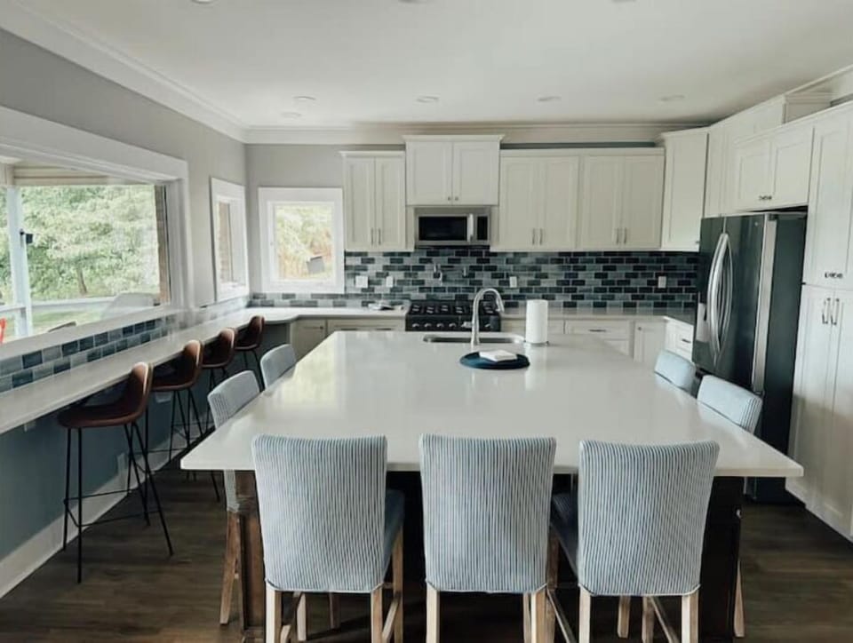 Big kitchen with plenty of seating and great views of the lake.