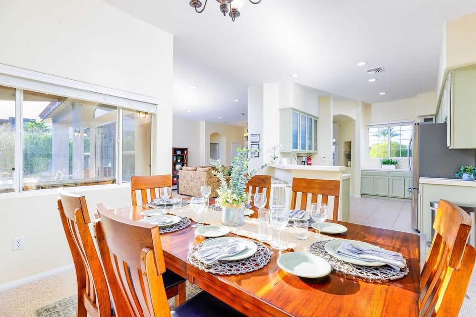 Our wooden dining area offers seating for six guests. 