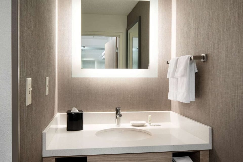 Refresh easily at a bright vanity with generous counter space.