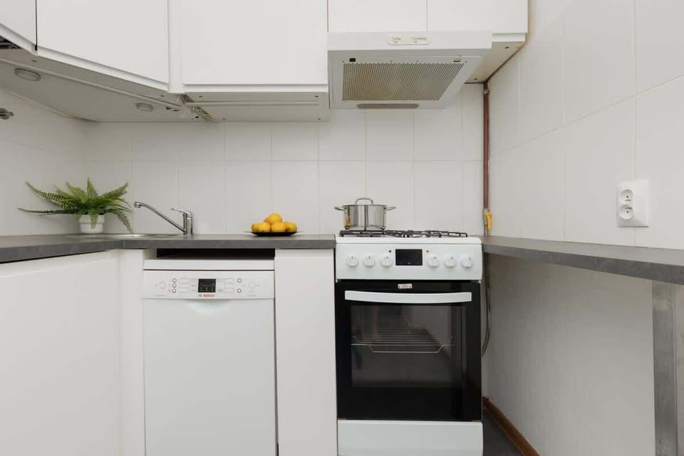 Kitchen with a fridge, freezer, oven, gas cooker, electric kettle and dishwasher.