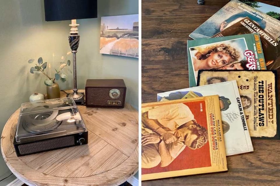 Wine Lounge with vintage record player and records 