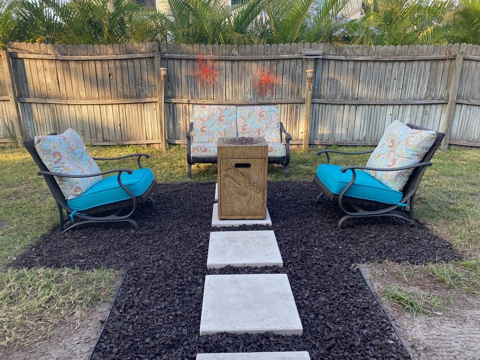 Fully fenced and private. Lounge area with Firepit and BBQ Grill