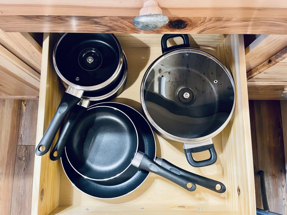 Pots and Pans in the drawer above