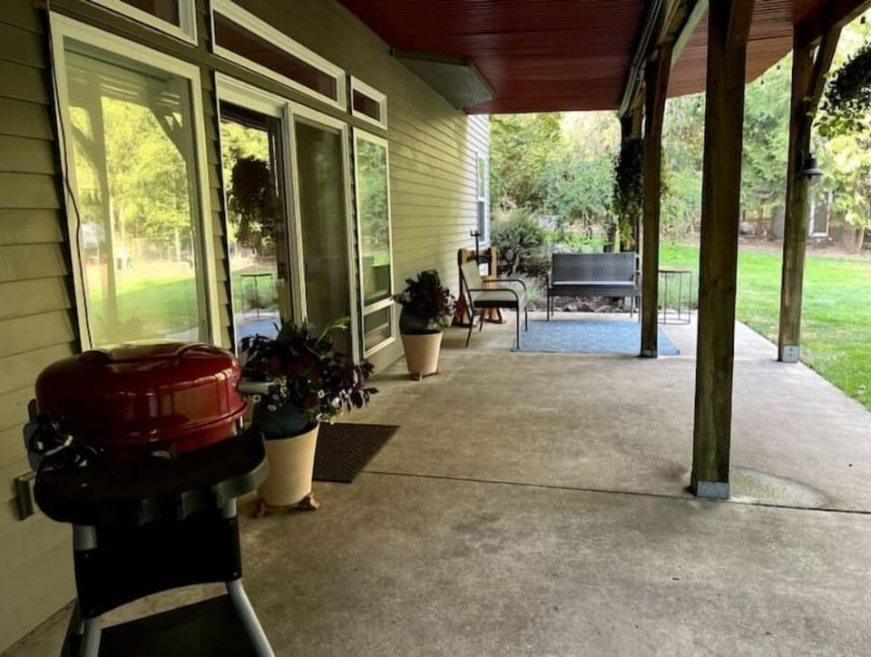 long view of the patio, bbq, and seating area
