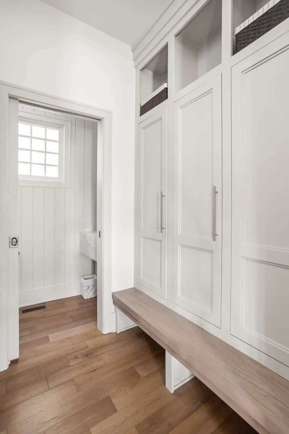 Mudroom Retreat: Stylish bench seating and ample storage unite for your ultimate arrival experience!
