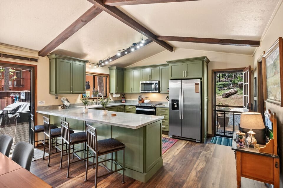 bar seating and kitchen