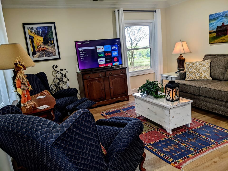 Enjoy 2 recliners/sofa, Roku TV,  local artist painting,  handmade Moroccan rug 