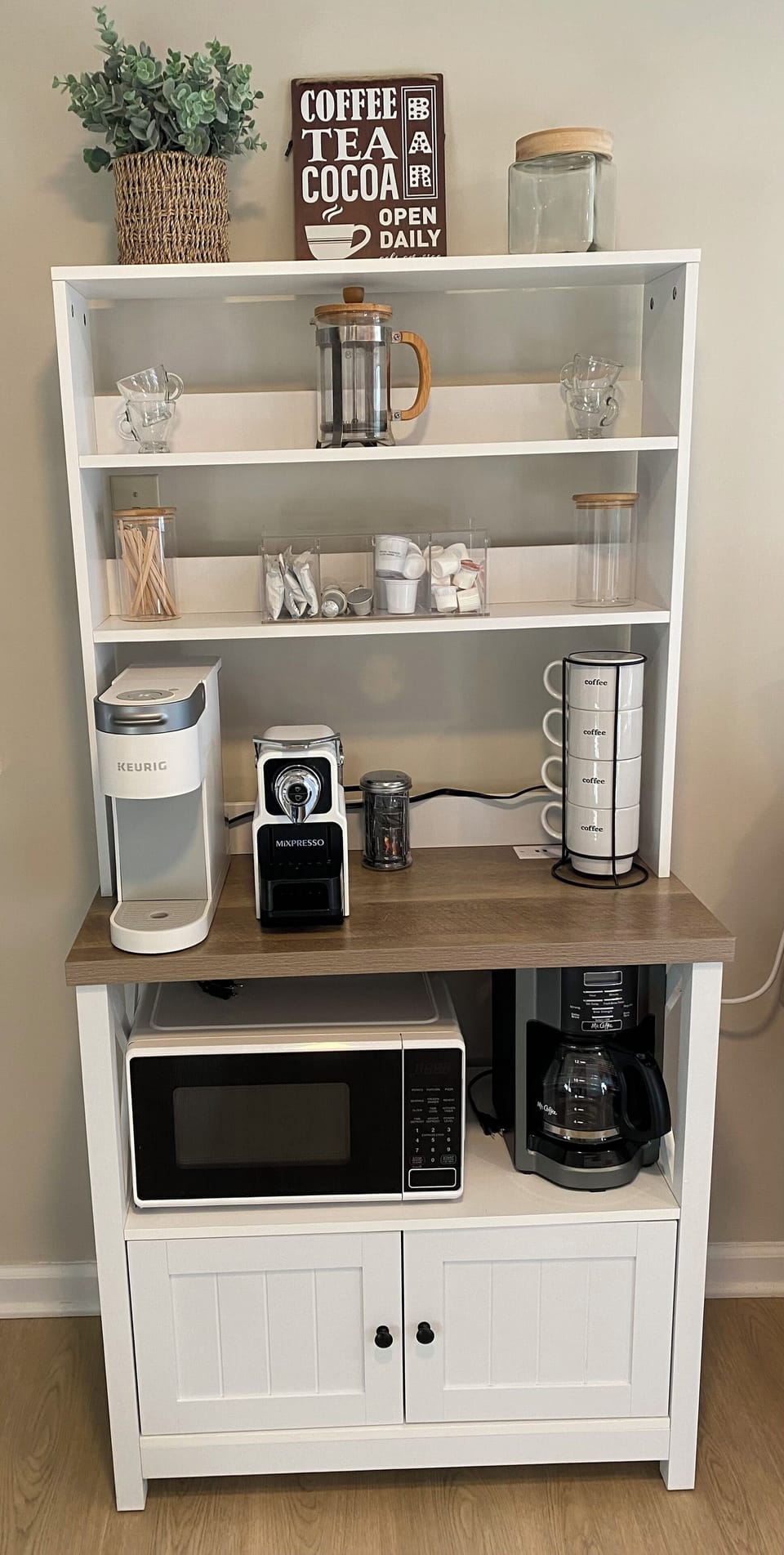 Stocked coffee, tea & cocoa bar complete with frother & espresso maker too!