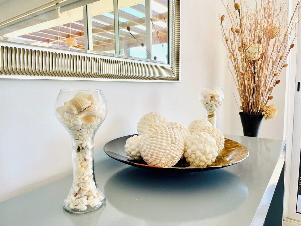 Credenza adorned with tasteful decorations.