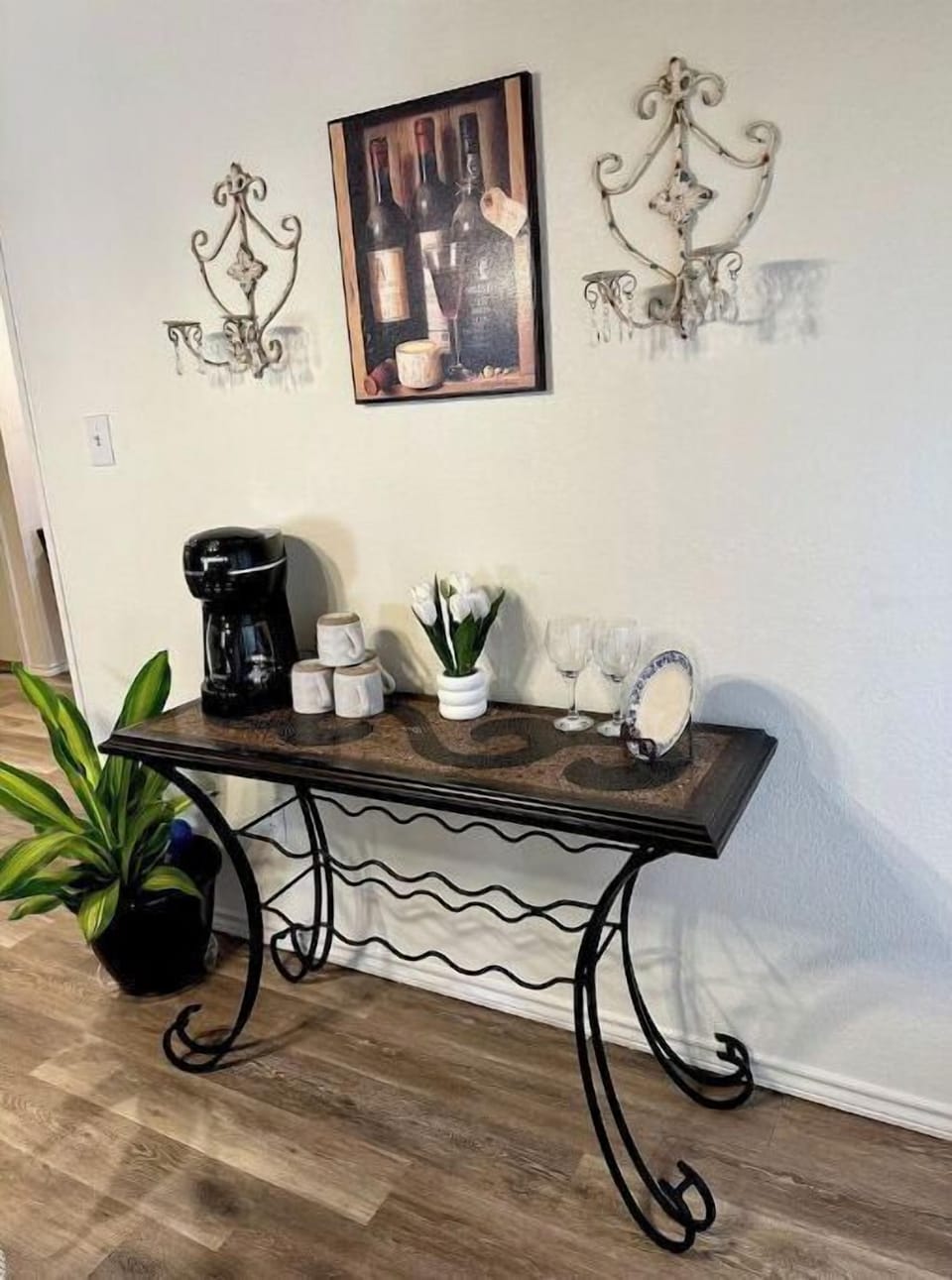 Welcoming coffee bar/wine storage.