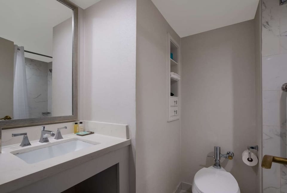 Enjoy a spotless bathroom with convenient shelving and essentials.