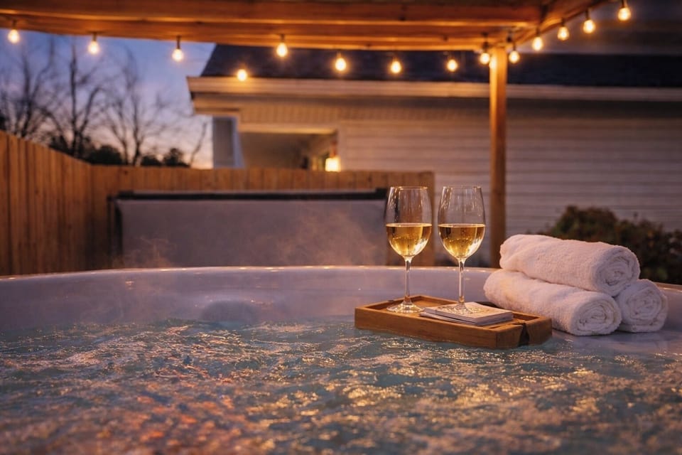 Unwind year-round in the hot tub beneath soft string lights.