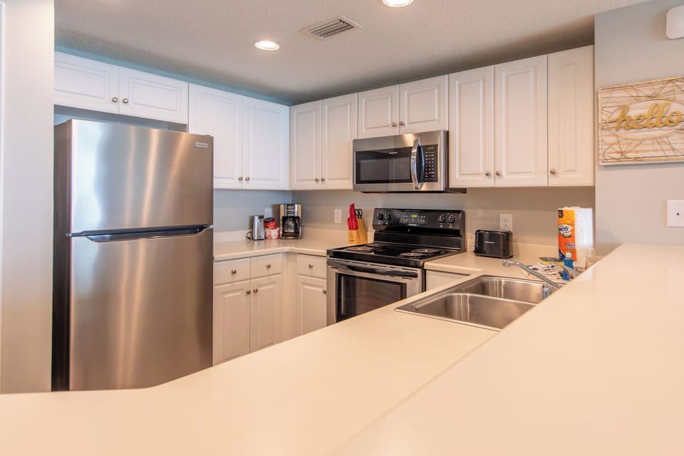 Fully stocked kitchen.