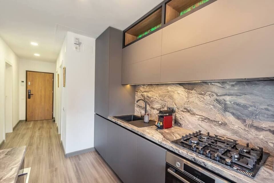 Kitchen with a gas stove and oven, a dishwasher, microwave, oven, full size fridge, Nespresso coffee machine and all the cooking utensils and basics 