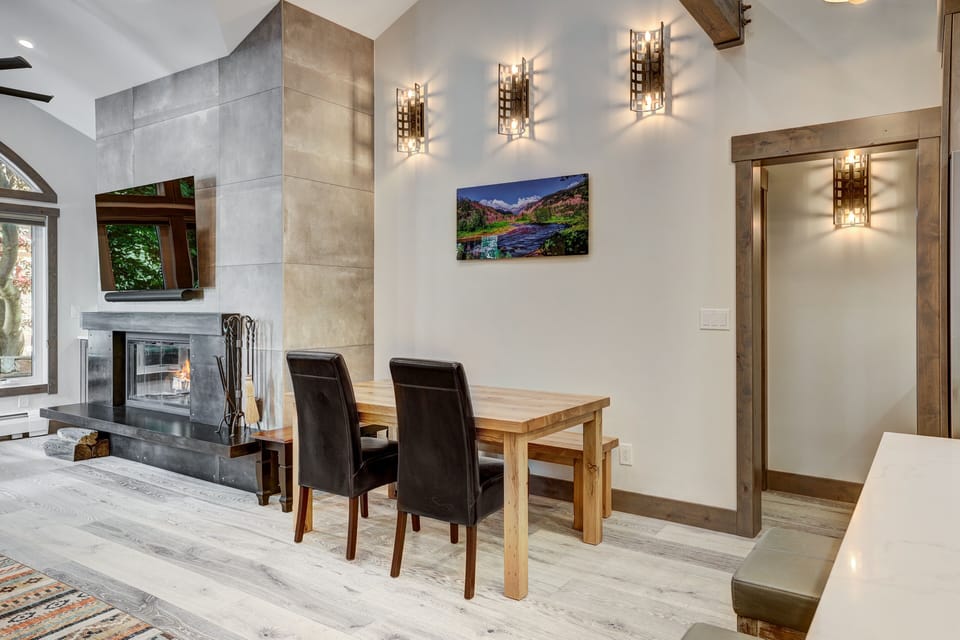 Indoors, Fireplace, Floor, Flooring, Dining Table