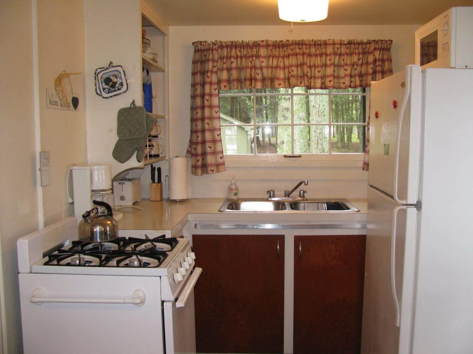 KITCHEN:  The cabin has a modern and very functional kitchen with a refrigerator, gas range, sink, countertop, coffee maker, and a good collection of cooking and dining utensils.