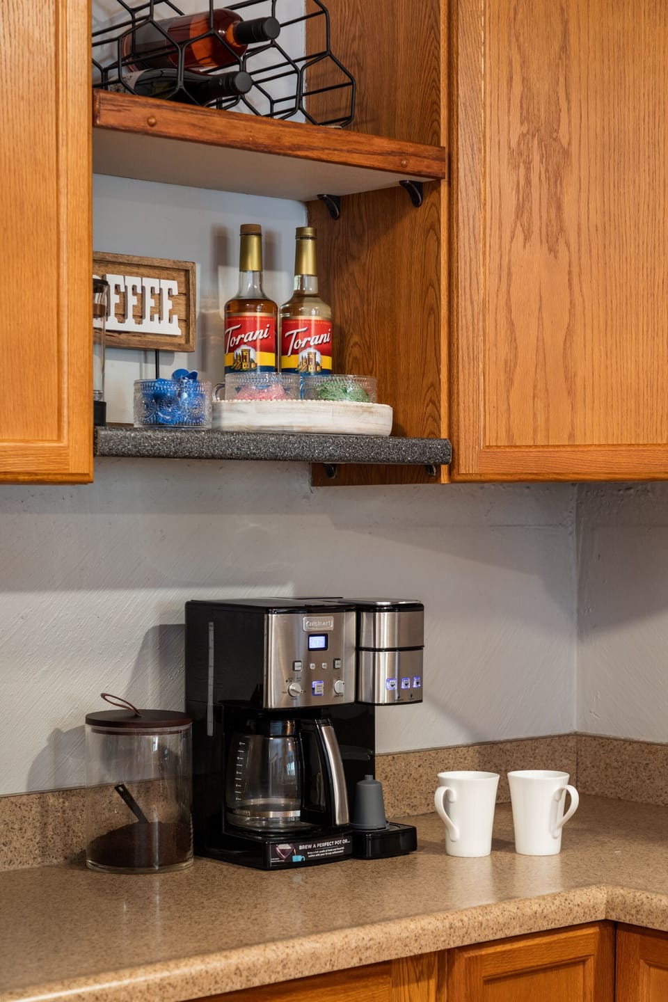 We couldn't forget our coffee or tea drinkers! Make coffee for one or 12 with the dual coffee maker. A french press is also available plus plenty of sweeteners and tea. 