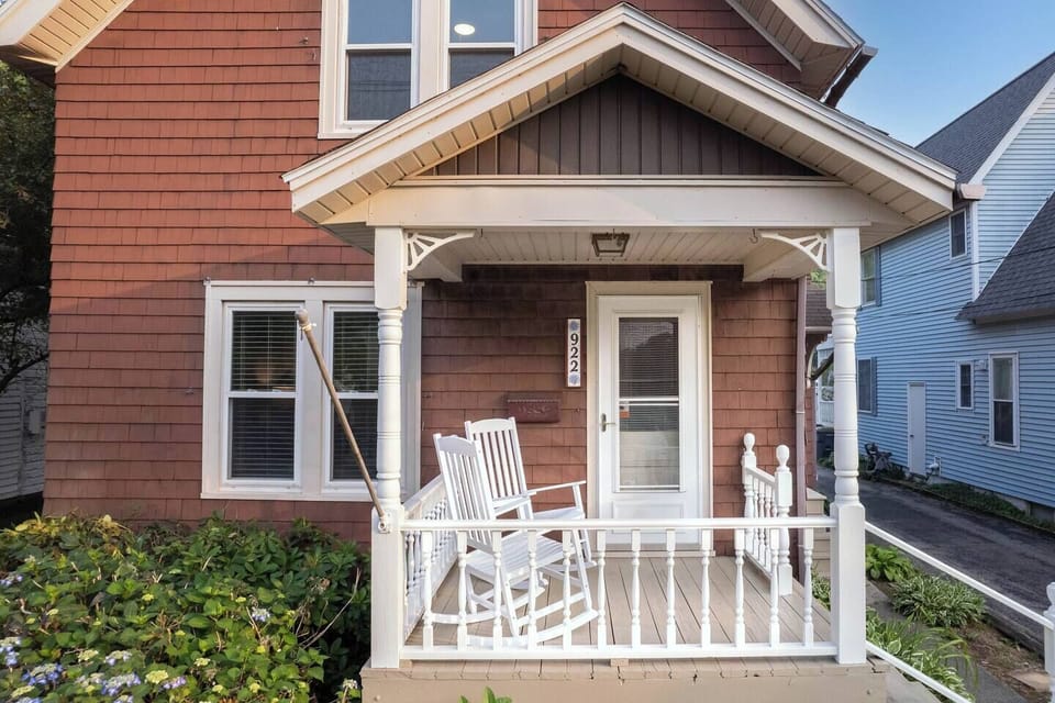 Enjoy your mornings relaxing on the wood rocking chairs.