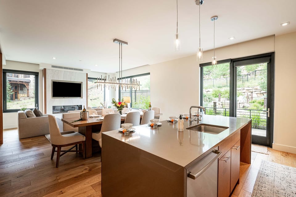 Kitchen, dining, and living room areas