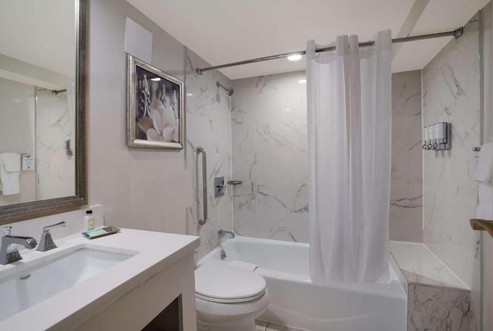 Refresh after exploring with a clean, marble-style bath.
