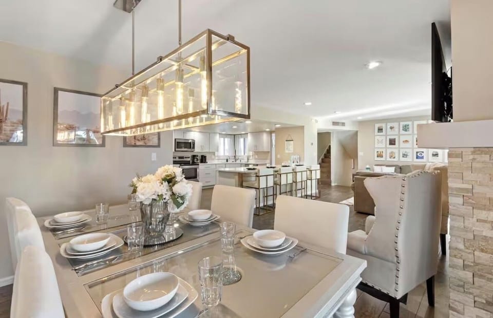 Plenty of seating in this chic modern dining area