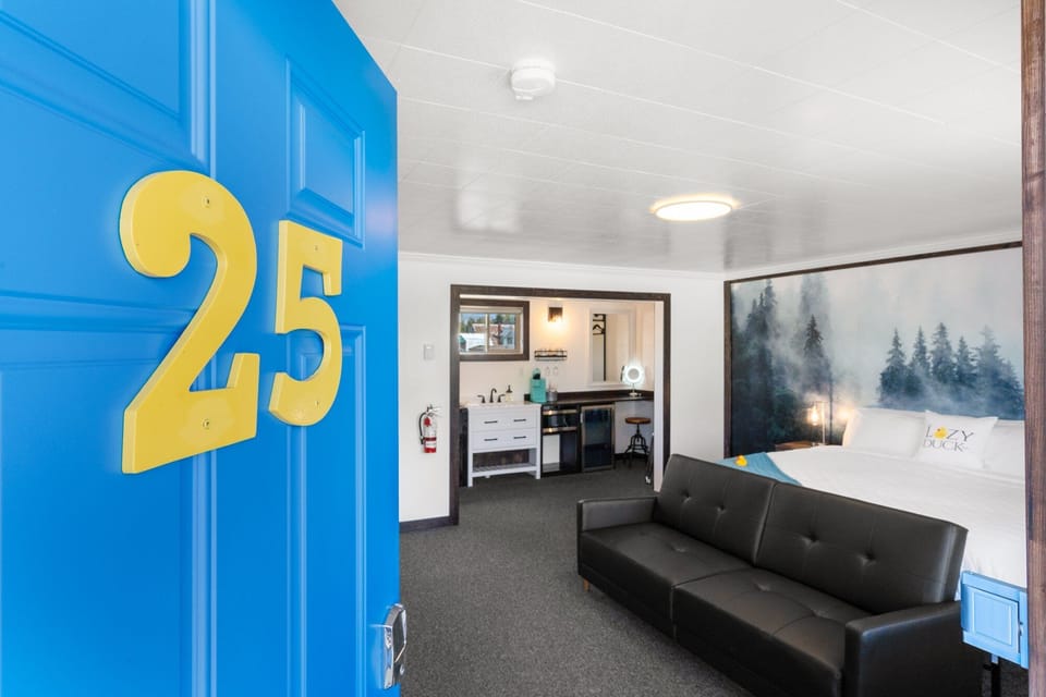 Main room with king size bed, futon couch and access to bathroom