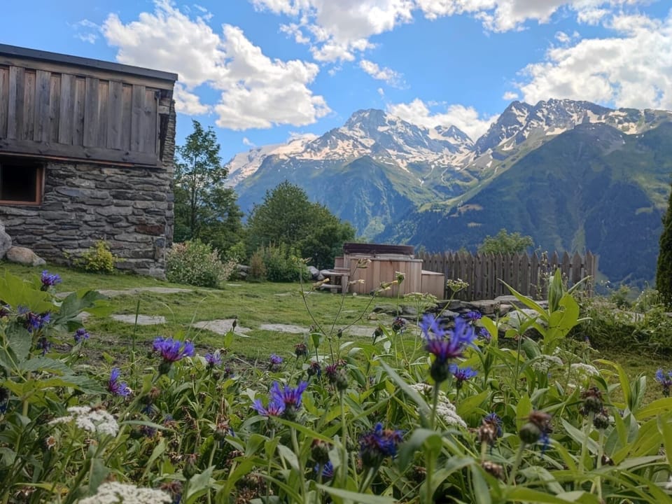 Le jardin avec le jacuzzi et la vue sur le Mont Thuria