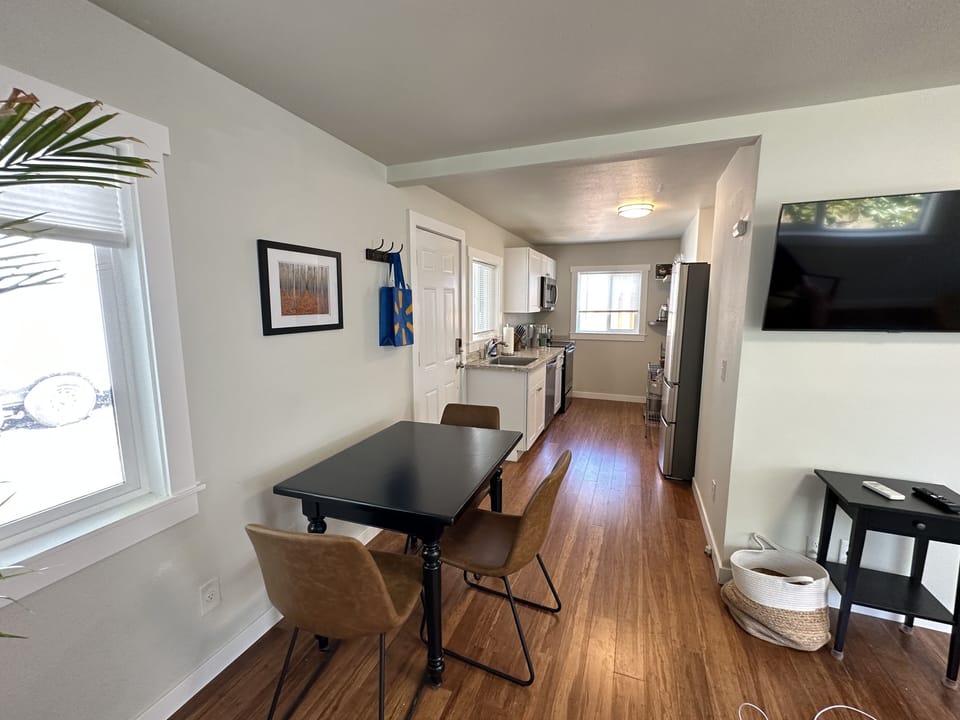 Eating area and galley kitchen. 
