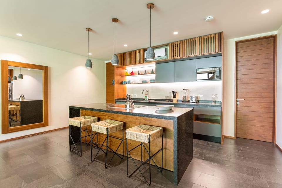 gorgeous kitchen open to living and dining area
