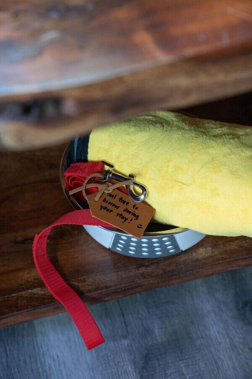 Dog bowl, doggy towel and a spare leash in case you forgot yours.  Doggy poop bags also avail.