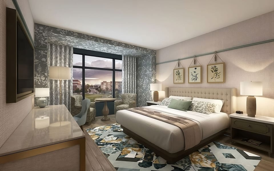 Drift off in a serene room with patterned accents and light.