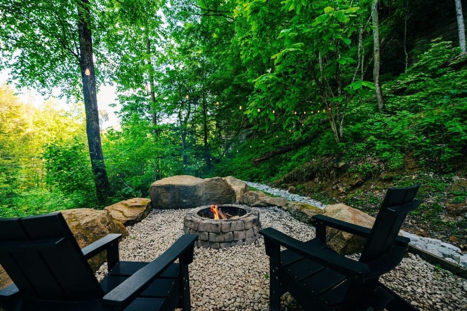 Settle into the chairs as the fire crackles, creating a romantic outdoor spot for slow, quiet evenings.