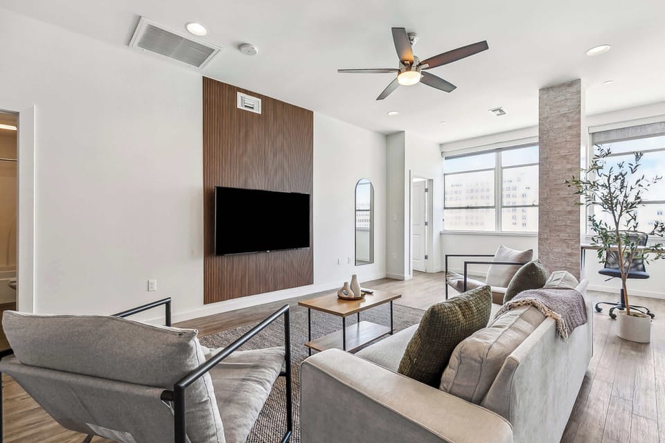 Open living area with WFH desk build-in