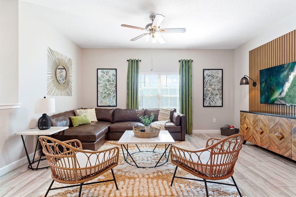 Can you find Mario? Featuring a BOHO style, this living space invites family and friends to gather in a relaxing environment.