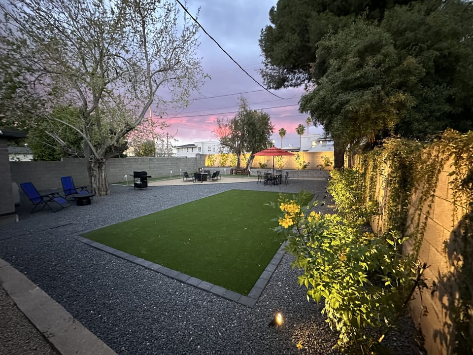 Sunset view of backyard.