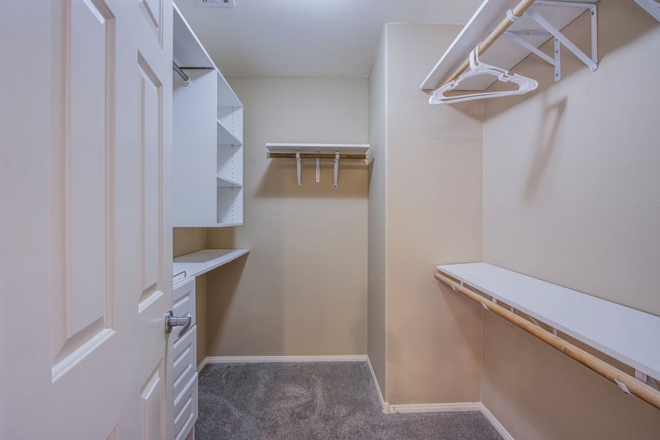 Master Bedroom Closet. Plenty of space to hang things. 5 hangers provided. 